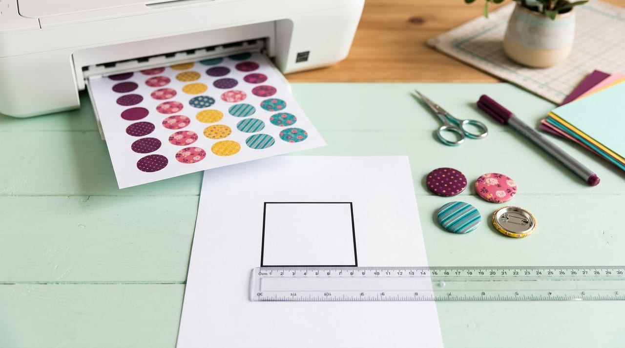 A printer printing a badge sheet, with a printed test square measured by a ruler